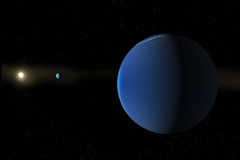Esta ilustración proporcionada por la NASA muestra la estrella TOI-791, similar al Sol, al fondo a la izquierda, y dos planetas gigantes que el telescopio espacial TESS de la NASA descubrió en su órbita. (Daniel Rutter/NASA vía AP)