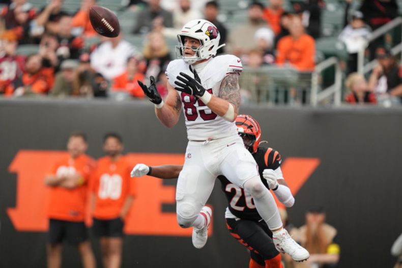 ARCHIVO - Trey McBride (85), ala cerrada de los Cardinals de Arizona atrapa un pase en la zona de anotación durante la segunda mitad del partido de la NFL en contra de los Bengals de Cincinnati, el 28 de diciembre de 2025, en Cincinnati. (AP Foto/Joshua A. Bickel, Archivo)