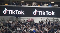 ARCHIVO - Aficionados están sentados bajo un anuncio de TikTok mientras asisten a un partido de béisbol en el Yankee Stadium, el 14 de abril de 2023, en Nueva York. (AP Foto/Frank Franklin II, Archivo)
