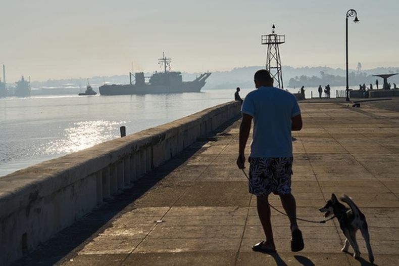 Un hombre pasea a su perro por la Bahía de La Habana, donde el buque Papaloapan de la Armada de México llega a Cuba, el jueves 12 de febrero de 2026. (AP Foto/Ramón Espinosa)