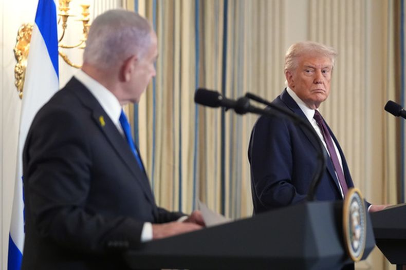 El presidente estadounidense Donald Trump y el primer ministro israelí Benjamin Netanyahu en la Casa Blanca en Washington, el 29 de septiembre del 2025. (AP foto/Evan Vucci)