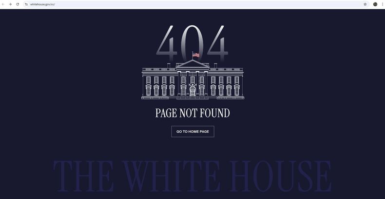 Esta captura de pantalla tomada el 21 de enero de 2025 muestra el mensaje de error que aparece ahora en lo que era la versión en español del sitio web de la Casa Blanca durante el gobierno de Joe Biden. (AP Foto Fernanda Figueroa)