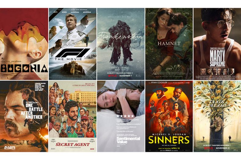Esta combinación de imágenes muestra el arte promocional de las películas nominadas al Oscar a mejor película. Fila superior de izquierda a derecha: Bugonia, F1 The Movie, Frankenstein, Hamnet, Marty Supreme. Fila inferior de izquierda a derecha: One Battle After Another, The Secret Agent, Sentimental Value, Sinners y Train Dreams.(Focus Features/Warner Bros. Pictures/Netflix/Focus Features/A24/Warner Bros. Pictures/Neon/Neon/Warner Bros. Pictures/Netflix via AP)