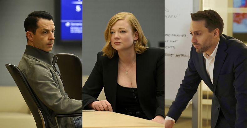 La combinación de tres fotos muestra, izquierda a derecha, a Jeremy Strong como Kendall Roy, Sarah Snook como Siobhan (Shiv) Roy y Kieran Culkin como Roman Roy, de la serie de HBO Succession. (HBO via AP)