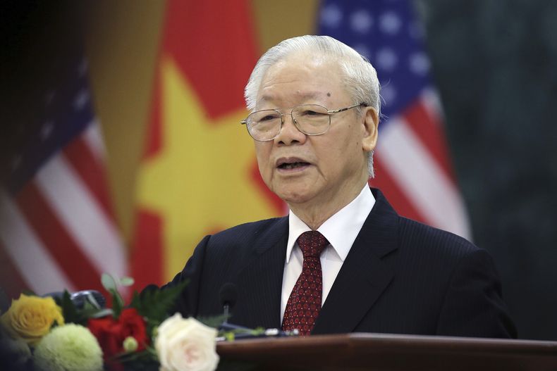 En esta imagen de archivo, el secretario general del Partido Comunista de Vietnam, Nguyen Phu Trong, durante una conferencia de prensa en Hanoi, Vietnam, el 10 de septiembre de 2023. (Luong Thai Linh/Pool Foto vía AP, archivo)