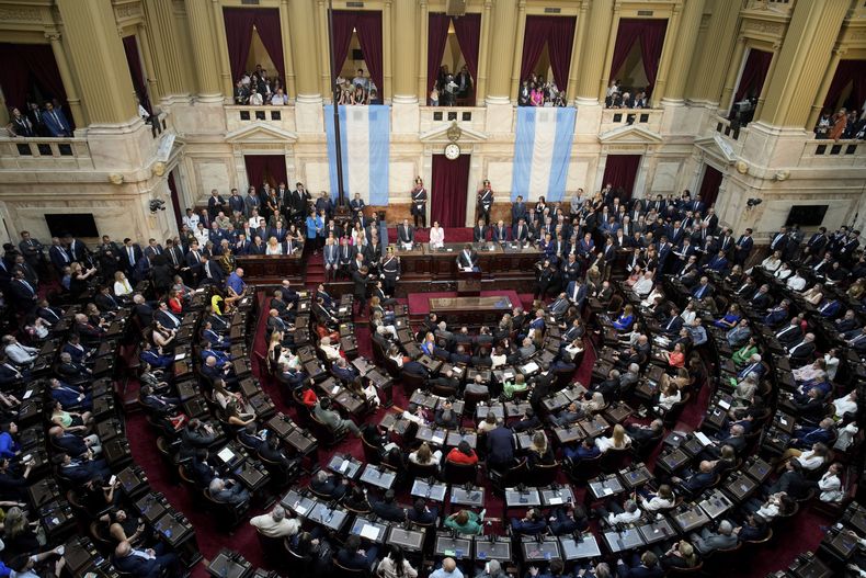 El presidente argentino, Javier Milei, se dirige a diputados en la sesión de apertura legislativa en Buenos Aires, Argentina, el viernes 1 de marzo de 2024. (AP Foto/Natacha Pisarenko)