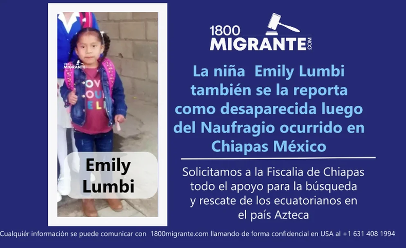 Emily Lumbi, de cinco años, también desapareció en el naufragio. Es una de las cinco menores cuyo paradero es desconocido. (1800Migrante.com)