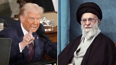 Esta imagen combinada muestra al presidente de Estados Unidos, Donald Trump, a la izquierda, dirigiéndose a un pleno del Congreso en el Capitolio, en Washington, el 4 de marzo de 2025, y una imagen del líder supremo de Irán, el ayatolá Alí Jamenei, en una ceremonia en Teherán, Irán, el 8 de marzo de 2025. (AP Foto/Ben Curtis - Oficina del líder supremo de Irán via AP)