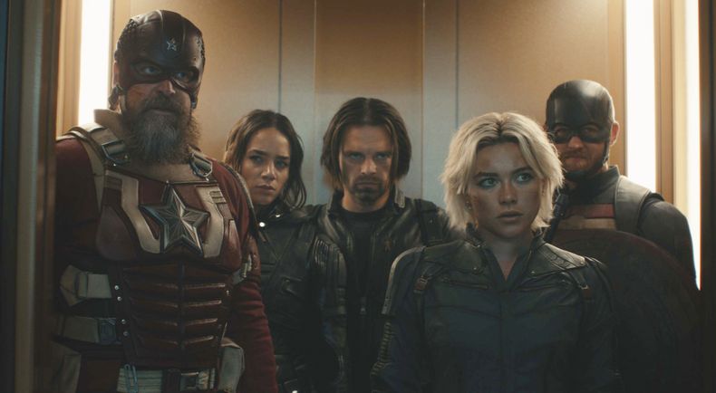 Esta imagen publicada por Marvel Studios muestra, de izquierda a derecha, David Harbour, Hannah John-Kamen, Sebastian Stan, Florence Pugh y Wyatt Russell en una escena de Thunderbolts. (Disney-Marvel Studios via AP)