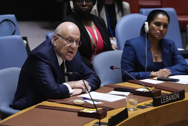 El primer ministro libanés, Najib Mikati, habla durante una reunión del Consejo de Seguridad, el miércoles 25 de septiembre de 2024, en la sede de la ONU. (Foto AP/Frank Franklin II)
