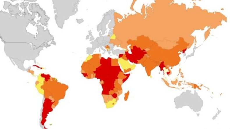 Mapa de riesgo para invertir según los países. En rojo, los catalogados con alto riesgo.