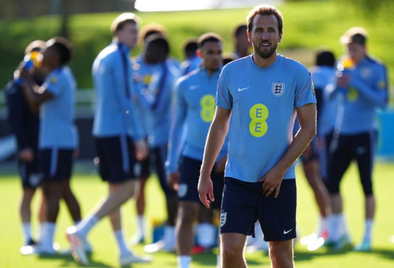El inglés Harry Kane durante la sesión de entrenamiento de la selección en St Georges Park el miércoles 23 de septiembre del 2026. (Bradley Collyer/PA via AP)