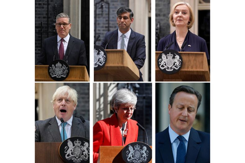 Los primeros ministros de Gran Bretaña desde el 2016, durante sus discursos de renuncia frente a 10 Downing Street en Londres. Arriba de izquierda a derecha: Keir Starmer, Rishi Sunak y Liz Truss. Abajo de izquierda a derecha: Boris Johnson, Theresa May y David Cameron. (AP foto)