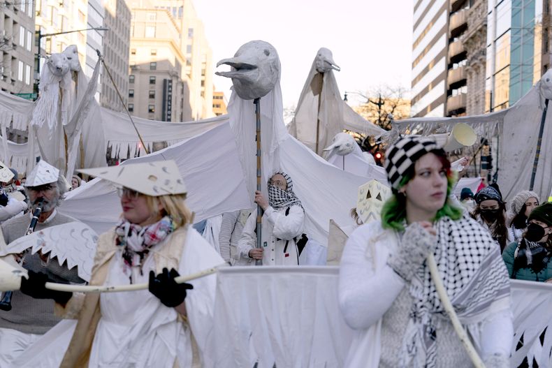 Manifestantes se concentran durante la marcha de Washington por Gaza en la Plaza de la Libertad de Washington, sábado 13 de enero de 2024. (AP Foto/Jose Luis Magana)