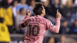 El argentino Lionel Messi, del Inter Miami, festeja tras anotar ante el Union de Filadelfia, el sábado 24 de mayo de 2025, en un partido de la MLS (AP foto/Chris Szagola)