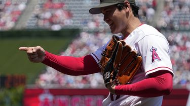 El abridor de los Angelinos de Los Ángeles, Shohei Ohtani, durante la segunda entrada del juego de las Grandes Ligas contra los Mellizos de Minnesota, el domingo 21 de mayo de 2023, en Anaheim, California. (AP Foto/Mark J. Terrill)