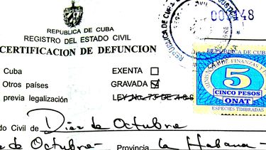 Certificado de defunción emitida por un registro civil de La Habana, Cuba.