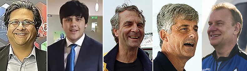 Combinación fotográfica que muestra (de izquierda a derecha) a Shahzada Dawood, Suleman Dawood, Paul-Henry Nargeolet, Stockton Rush y Hamish Harding, quienes se enfrentan a un peligro crítico a bordo de un pequeño sumergible que desapareció en el océano Atlántico. (AP Foto/Archivo)