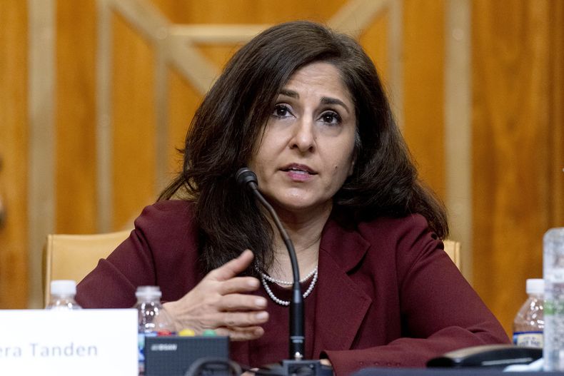 ARCHIVO - Neera Tanden, alguna vez propuesta por el presidente Joe Biden como diectora para la Oficina de Administración y Presupuesto de la Casa Blanca, testifica durante una audiencia de la Comisión de Presupuesto del Senado en el Capitolio, en Washington, el 10 de febrero de 2021. (AP Photo/Andrew Harnik, Pool, File)