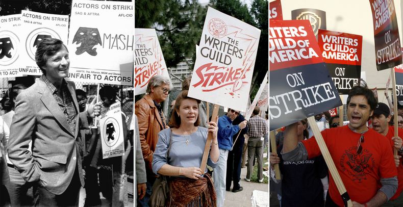 Esta combinación de fotografías muestra, desde la izquierda, al actor Alan Alda de la serie M*A*S*H* protestando en los estudios Twentieth-Century Fox en Los Ángeles, el 6 de agosto de 1980, la actriz Patty Duke con guionistas en huelga en 20th Century Fox Studios en Los Ángeles el 8 de marzo de 1988, y el actor John Stamos, miembro del elenco del drama ER, apoya a los miembros del Sindicato de Guionistas de Estados Unidos mientras protestan fuera de Warner Bros. Television Studios. en Los Ángeles el 6 de noviembre de 2007. (Foto AP)
