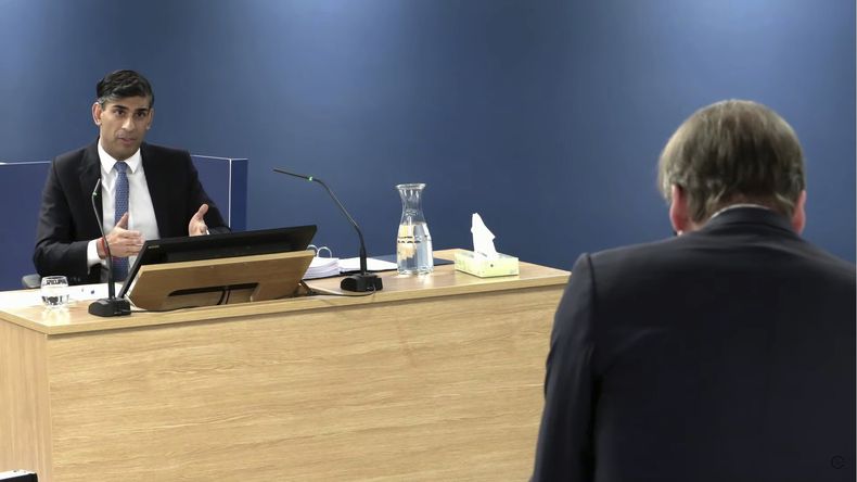 El primer ministro británico Rishi Sunak siendo entrevistado para la investigación sobre las políticas durante la pandemia, en Dorland House, Londres, el 11 de diciembre de 2023. Foto tomada de video. (UK COVID-19 Inquiry/PA via AP)