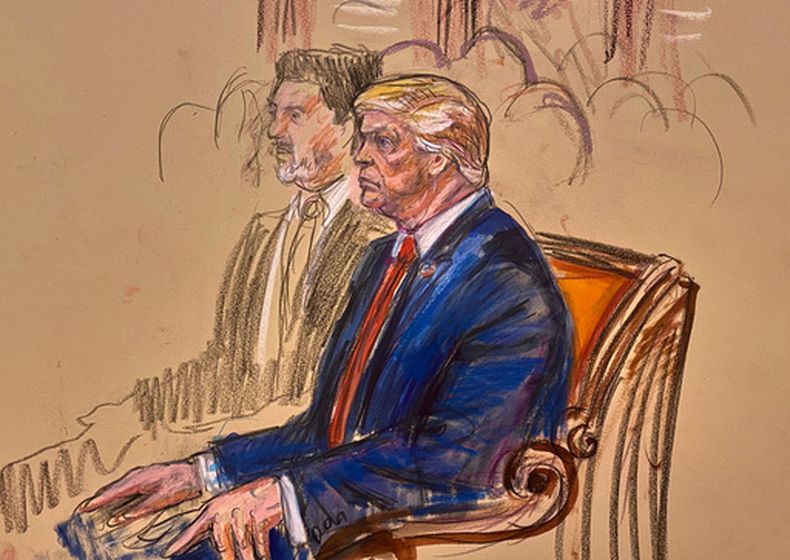 Este boceto de la sala del tribunal muestra al presidente Donald Trump sentado en la galería de la Corte Suprema federal, el miércoles 1 de abril de 2026, en Washington. (Dana Verkouteren vía AP)