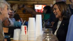 La candidata presidencial demócrata y vicepresidenta, Kamala Harris, habla en una visita a SandFly Bar-B-Q en Savannah, Georgia, el miércoles 28 de agosto de 2024. (AP Foto/Jacquelyn Martin)