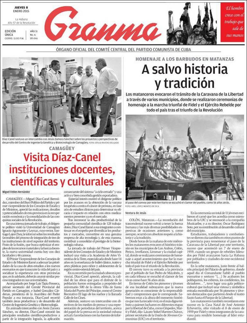 Portada del periódico Granma hoy 8 de enero del 2015.