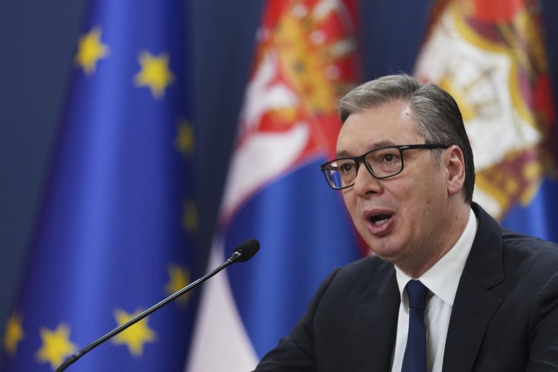 El presidente serbio Aleksandar Vucic en Belgrado el 6 de abril del 2025. (AP foto/Darko Vojinovic)
