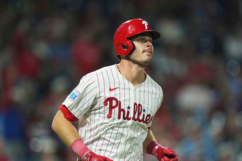 Max Kepler de los Filis de Filadelfia durante un juego, el 10 de septiembre de 2025, en Filadelfia. (AP Foto/Matt Rourke)