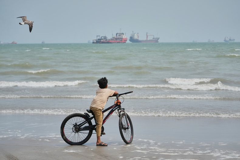 ARCHIVO - Una gaviota sobrevuela a un niño en bicicleta en una playa frente a buques comerciales anclados en el estrecho de Ormuz, en Bandar Abbas, Irán, el 7 de septiembre de 2026. (AP Foto/Vahid Salemi, archivo)