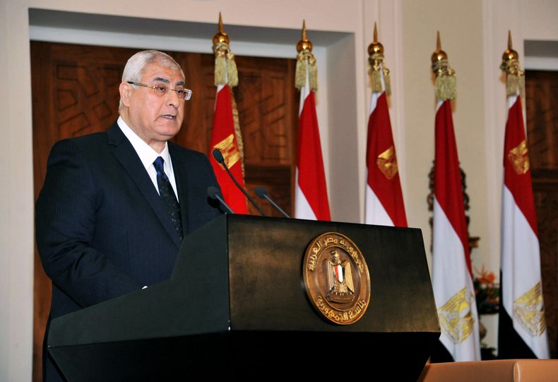 El presidente interino de Egipto, Adly Mansur, pronuncia en el palacio presidencial un discurso ante funcionarios y miembros de la comisi&oacute;n que enmendaron la constituci&oacute;n en El Cairo, el s&aacute;bado 14 de diciembre de 2013. Mansur exhort&o