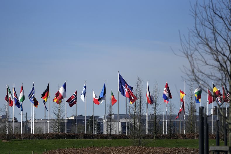 ARCHIVO - Banderas de los países miembros de la OTAN afuera de la sede de la alianza militar en Bruselas, el 14 de marzo de 2024. (AP Foto/Virginia Mayo)