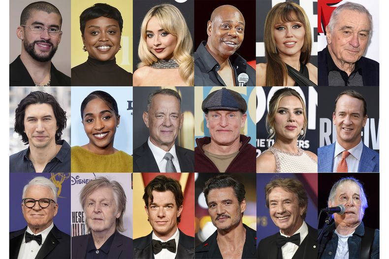Esta combinación de fotografías muestra, en la fila superior de izquierda a derecha, Bad Bunny, Quinta Brunson, Sabrina Carpenter, Dave Chappelle, Miley Cyrus, Robert De Niro, en la segunda fila desde la izquierda, Adam Driver, Ayo Edebiri, Tom Hanks, Woody Harrelson, Scarlett Johansson, Peyton Manning, y en la fila inferior desde la izquierda, Steve Martin, Paul McCartney, John Mulaney, Pedro Pascal, Martin Short y Paul Simon.(Foto AP)