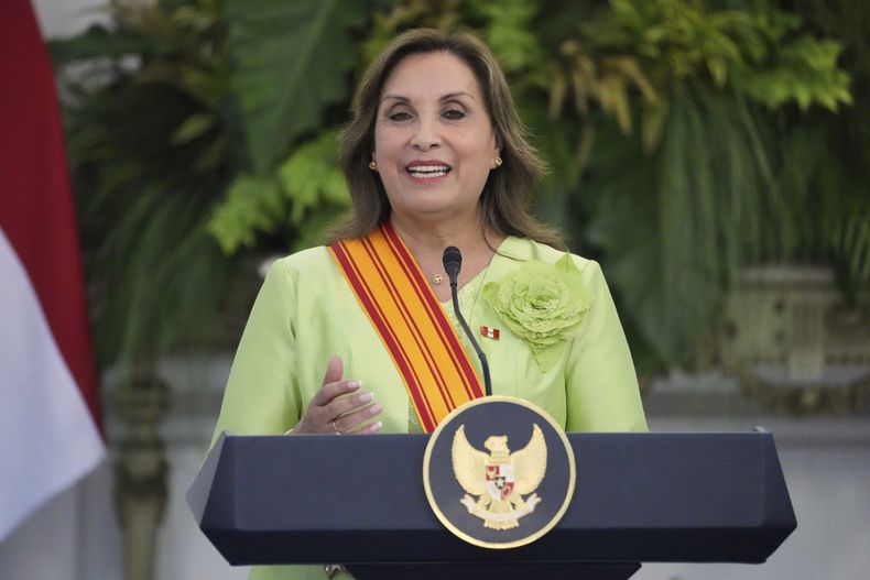 La presidenta peruana Dina Boluarte habla durante una conferencia de prensa después de reunirse con su homólogo indonesio Prabowo Subianto en el Palacio Merdeka en Yakarta, Indonesia, el lunes 11 de agosto de 2025. (AP Foto/Achmad Ibrahim)