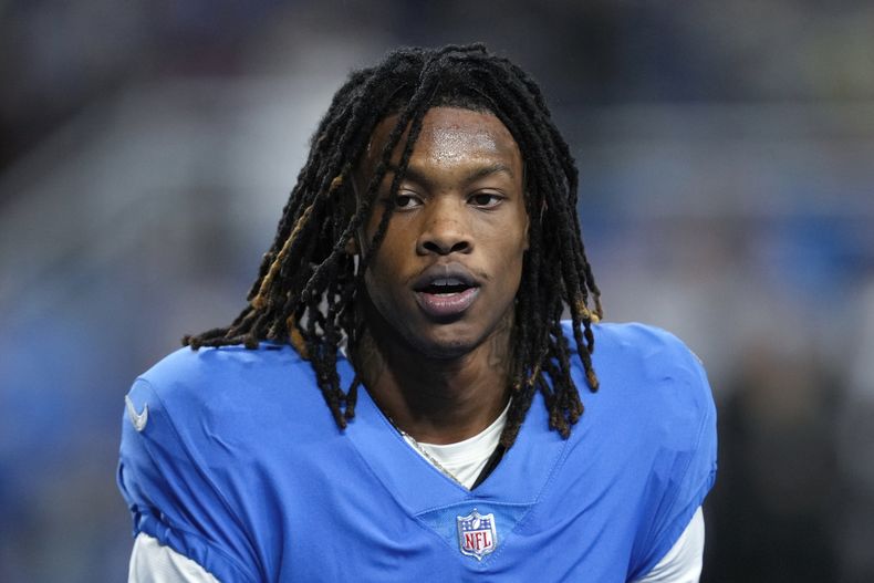 El wide receiver de los Lions de Detroit Jameson Williams durante el partido ante los Bears de Chicago, el 1 de enero de 2023, en Detroit. (AP Foto/Paul Sancya, Archivo)