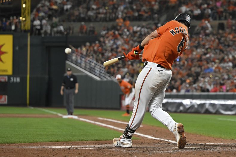 Ryan Mountcastle, de los Orioles de Baltimore, pega un doble ante los Rockies de Colorado, en el juego del sábado 26 de agosto de 2023 (AP Foto/Terrance Williams)