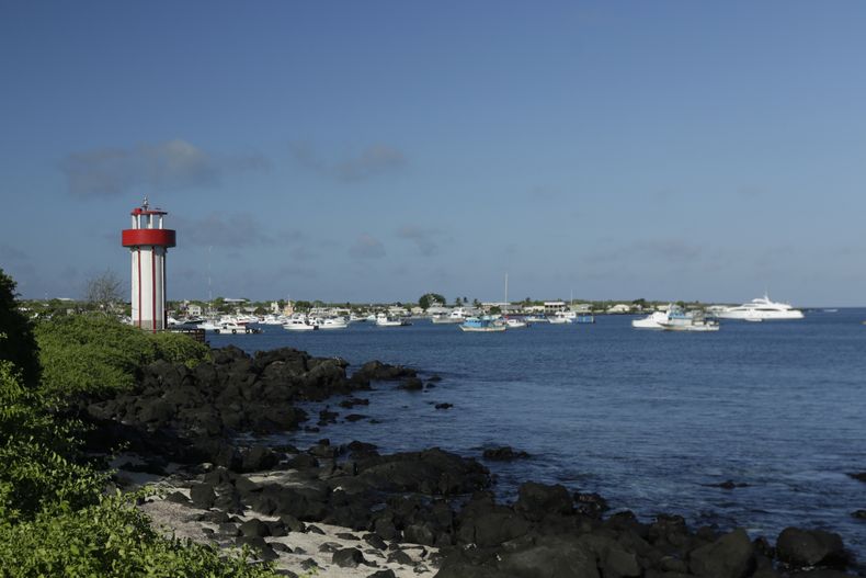 ARCHIVO - El faro de la playa Mann se encuentra junto a la Bahía Naufragio en San Cristóbal, Islas Galápagos, Ecuador, 2 de mayo de 2020. El Parque Nacional Galápagos reabrió el lunes 18 de marzo de 2024 dos sitios de visita turística en las islas Isabela y Fernandina, que permanecieron cerrados una semana, luego de que se descartó un brote de gripe aviar. (AP Foto/Adrián Vásquez, Archivo)
