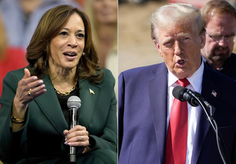 Esta combinación de fotos tomadas el lunes 21 de octubre de 2024 muestra a la candidata presidencial demócrata, la vicepresidenta Kamala Harris, durante un evento en Malvern, Pensilvania (izquierda), y al candidato presidencial republicano, el expresidente Donald Trump, en un acto de campaña en Swannanoa, Carolina del Norte (Foto de AP).
