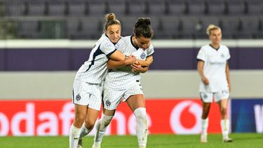 Ivana Andres Sanz del Inter de Milán celebra al anotar ante el Wien de Australia en la primera fase de la Liga de Campeones femenina el jueves 1 de octubre del 2026. (AP Foto/Denes Erdos)