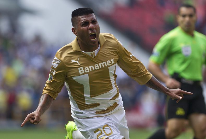El argentino Daniel Ludue&ntilde;a, de Pumas, celebra luego de anotar un gol frente al Am&eacute;rica, durante un partido de liga disputado el s&aacute;bado 22 de febrero de 2014 (AP Foto/Christian Palma)