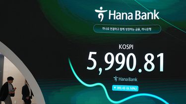 Dos operadores pasan frente a la pantalla que muestra el Índice Compuesto de Precios de Acciones de Corea (KOSPI) en una sala de operaciones del Hana Bank, el martes 13 de octubre de 2026, en Seúl, Corea del Sur. (AP Foto/Lee Jin-man)