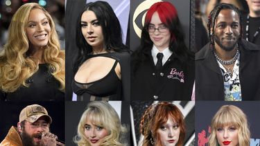 Esta combinación de fotografías muestra a los principales nominados a los premios Grammy, fila superior desde la izquierda, Beyonce, Charli XCX, Billie Eilish, Kendrick Lamar, fila inferior desde la izquierda, Post Malone, Sabrina Carpenter, Chappell Roan y Taylor Swift. (Foto AP)