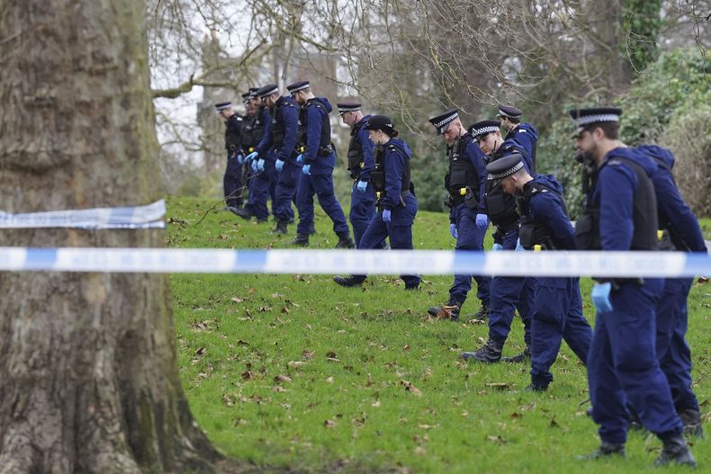 Policías realizan una tarea de búsqueda en Primrose Hill, donde un adolescente murió apuñalado justo antes de la medianoche de Año Nuevo, en Londres, el lunes 1 de enero de 2024. (Stefan Rousseau/PA via AP)