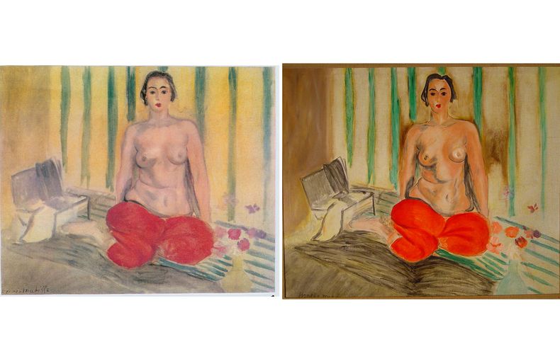 La "Odalisca con pantal&oacute;n rojo" de Henri Matisse, a la izquierda, junto a una falsificaci&oacute;n que se exhibi&oacute; en el Museo de Arte Contempor&aacute;neo Sof&iacute;a Imber en Caracas. La pintura original fue robada del museo en 2