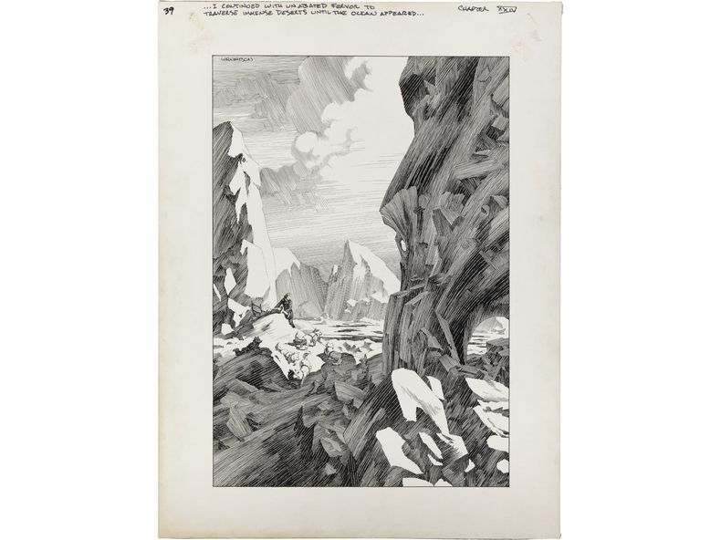 Esta imagen publicada por Heritage Auctions muestra el arte original de Bernie Wrightson de la novela Frankenstein de Mary Wollstonecraft Shelley, un artículo que se subastará de la colección del cineasta Guillermo del Toro. (Heritage Auctions via AP)