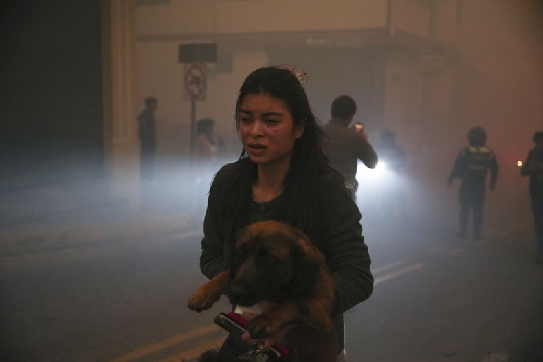 Una mujer carga un perro en medio del humo derivado de los incendios en una zona boscosa del barrio del Guápulo en Quito, Ecuador, el martes 24 de septiembre de 2024. (AP Foto/Carlos Noriega)