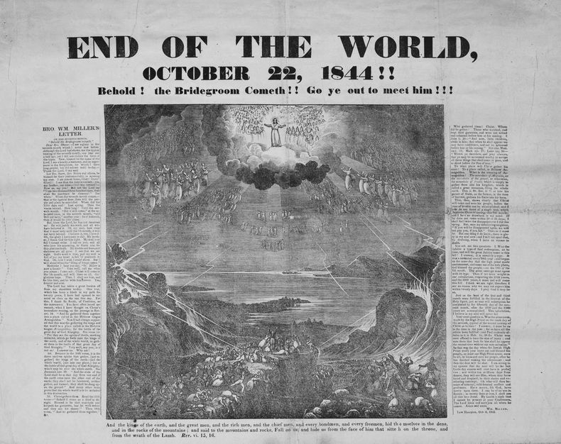 Esta imagen proporcionada por la Biblioteca Digital Adventista muestra parte de un documento del movimiento millerita que circuló el 16 de octubre de 1844 en el área de Boston, con un titular que decía: ¡Fin del mundo, 22 de octubre de 1844!. (Biblioteca Digital Adventista vía AP)