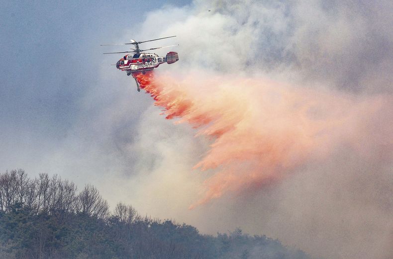 Un helicóptero del Servicio Forestal de Corea arroja retardante de incendios sobre un incendio forestal en Uiseong, Corea del Sur, el lunes 24 de marzo de 2025. (Yoon Gwan-shick/Yonhap via AP)