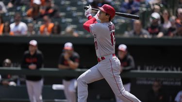 Shohei Ohtani de los Angelinso de Los Ángeles conecta un jonrón ante los Orioles de Baltimore, el jueves 18 de mayo de 2023, en Baltimore. (AP Foto/Jess Rapfogel)